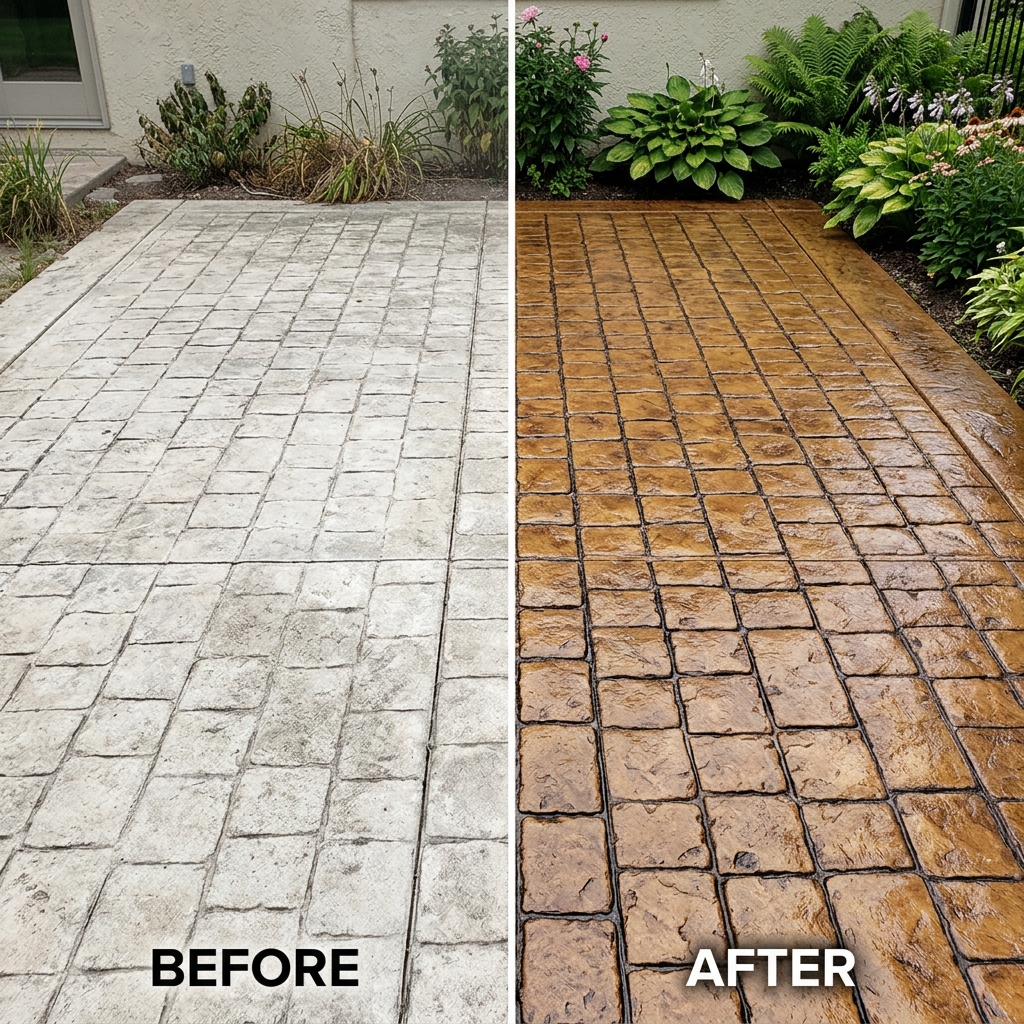 Before and after stamped concrete color restoration showing washed-out pattern restored to vibrant antiqued finish