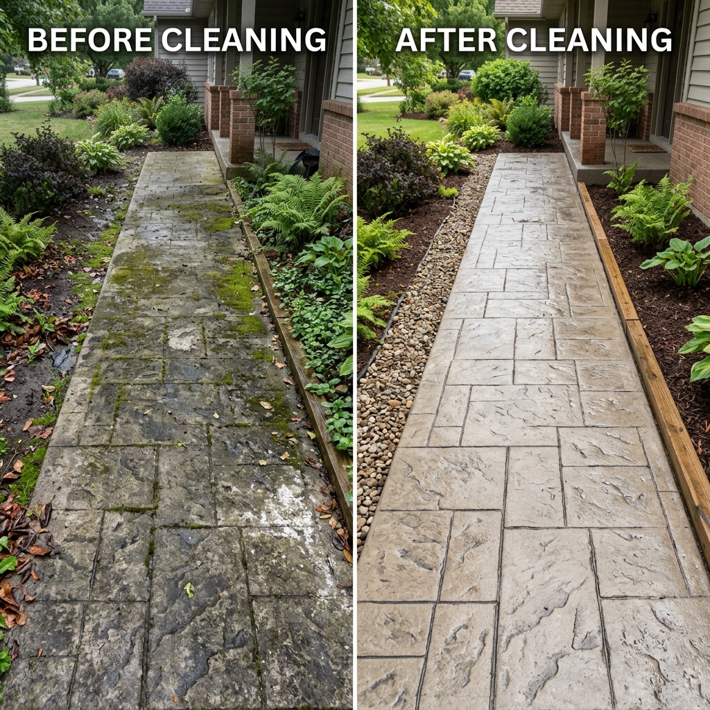 Before and after stamped concrete maintenance cleaning showing removal of moss mildew and stains
