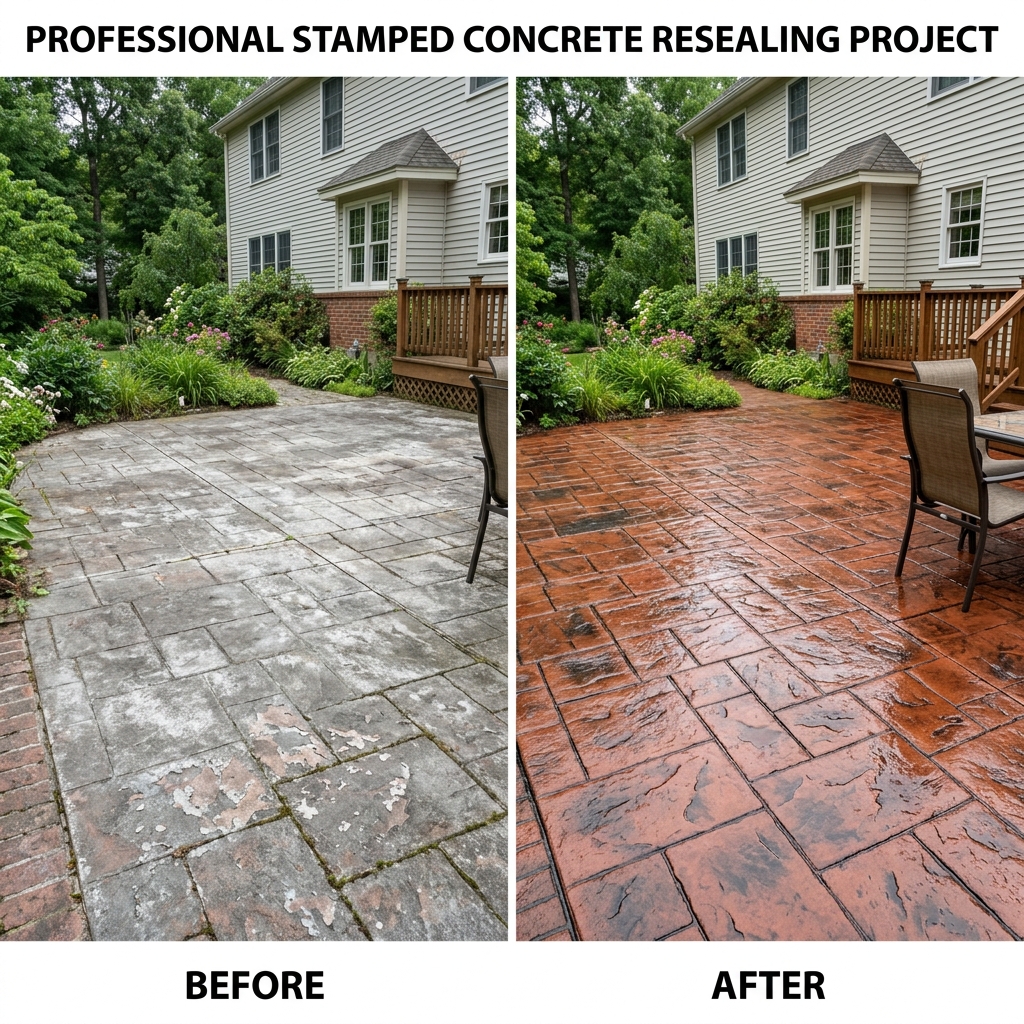 Before and after stamped concrete resealing showing dramatic transformation from faded gray to vibrant sealed finish