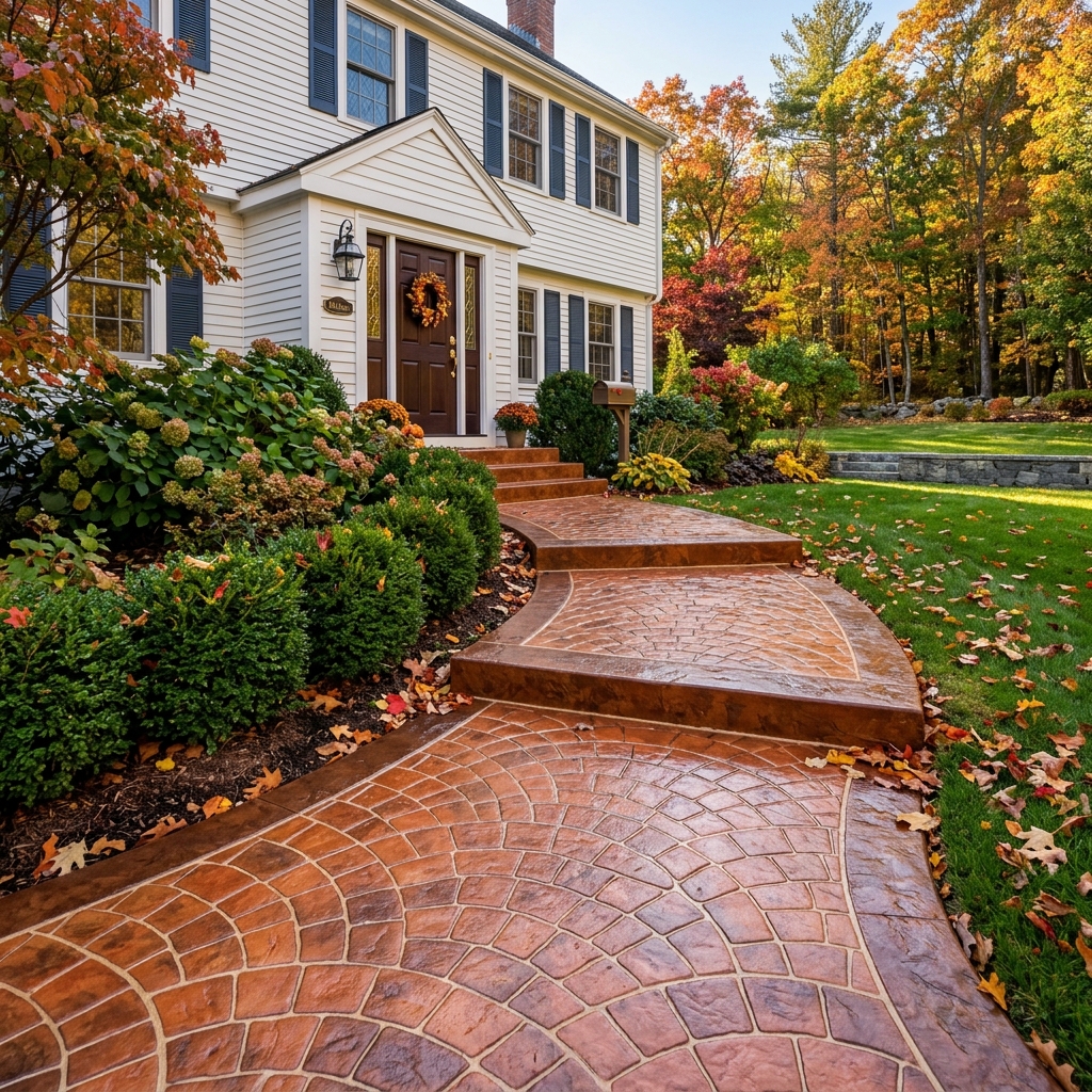 Stamped concrete front entryway and steps freshly sealed