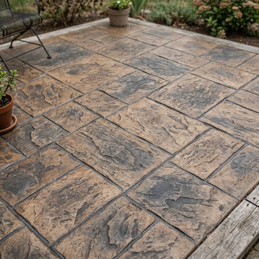 Stamped concrete with matte natural sealer finish showing flat no-gloss appearance with color protection