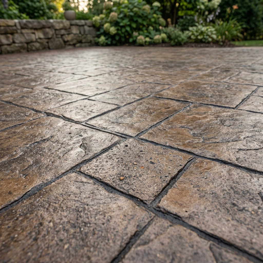 Stamped concrete with satin sealer finish showing moderate sheen and natural color enhancement