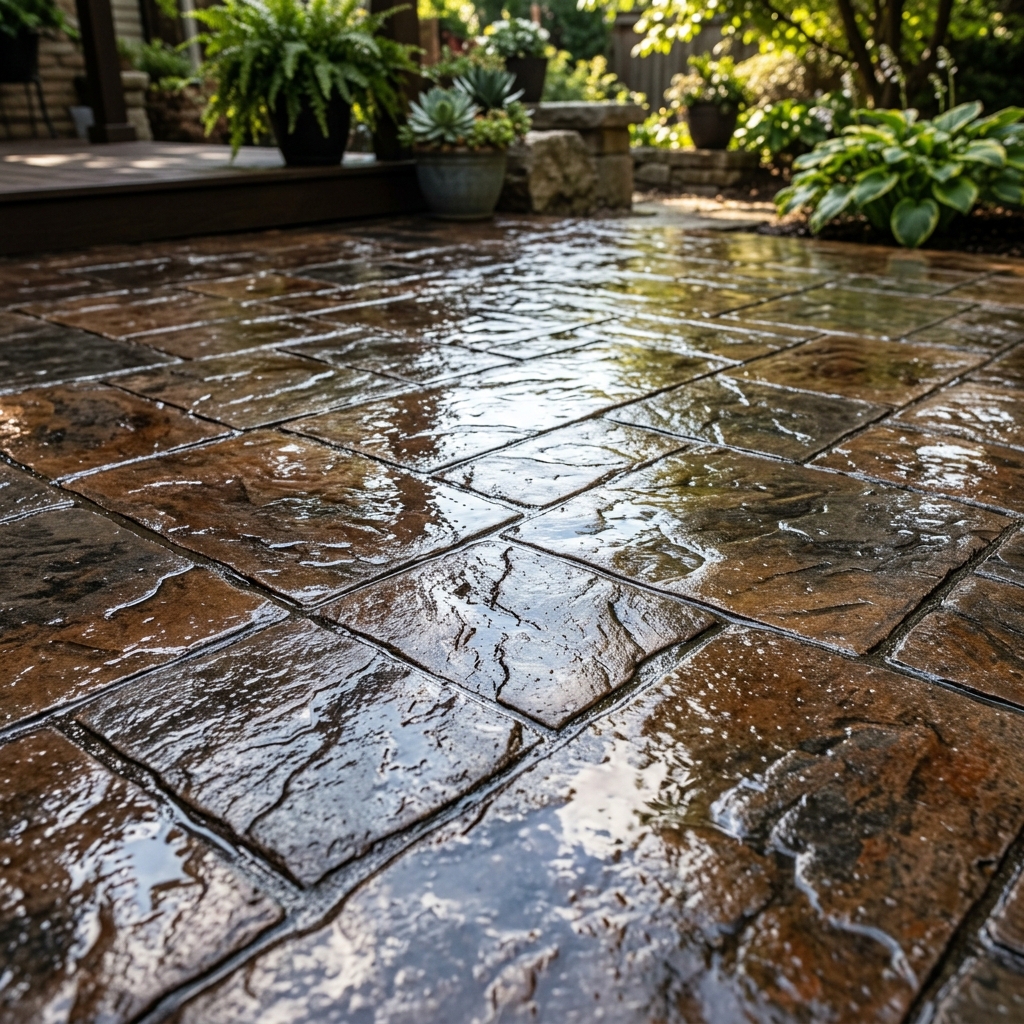 Stamped concrete with high-gloss wet look sealer finish showing deep color saturation and mirror-like reflection