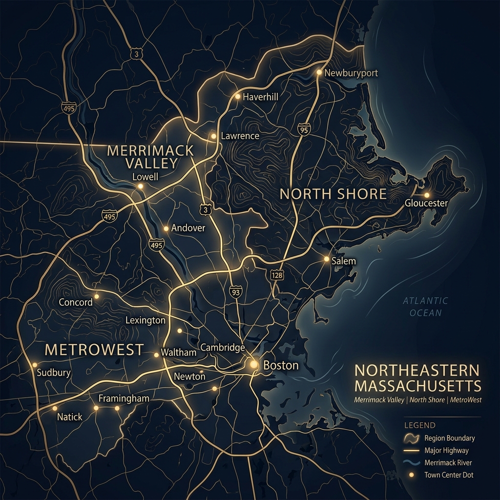Stylized map of Massachusetts service areas highlighting Merrimack Valley, North Shore, and MetroWest regions