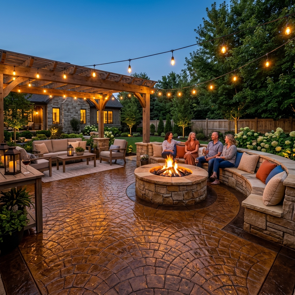 A fully restored, beautifully sealed stamped concrete patio backing up to a well-maintained outdoor living space