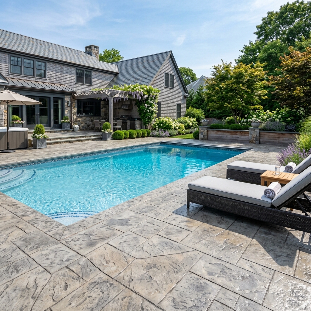 Stamped concrete pool deck sealed with satin finish