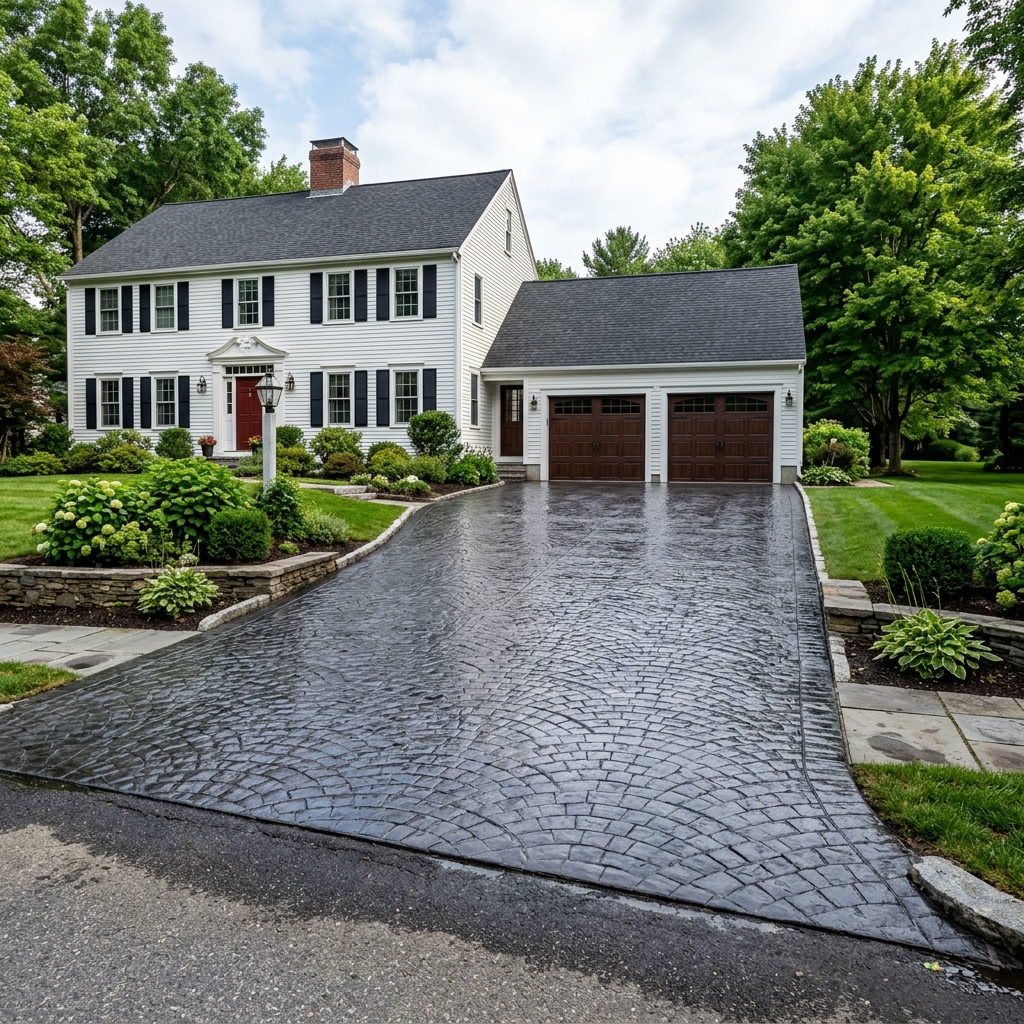 Freshly sealed stamped concrete driveway in Dunstable MA