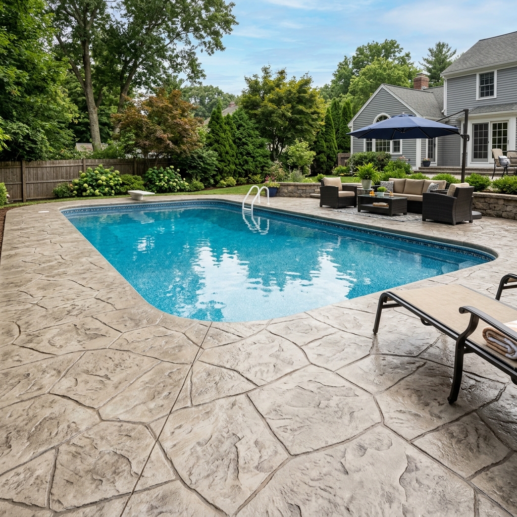 Freshly sealed stamped concrete pool deck in Dunstable MA