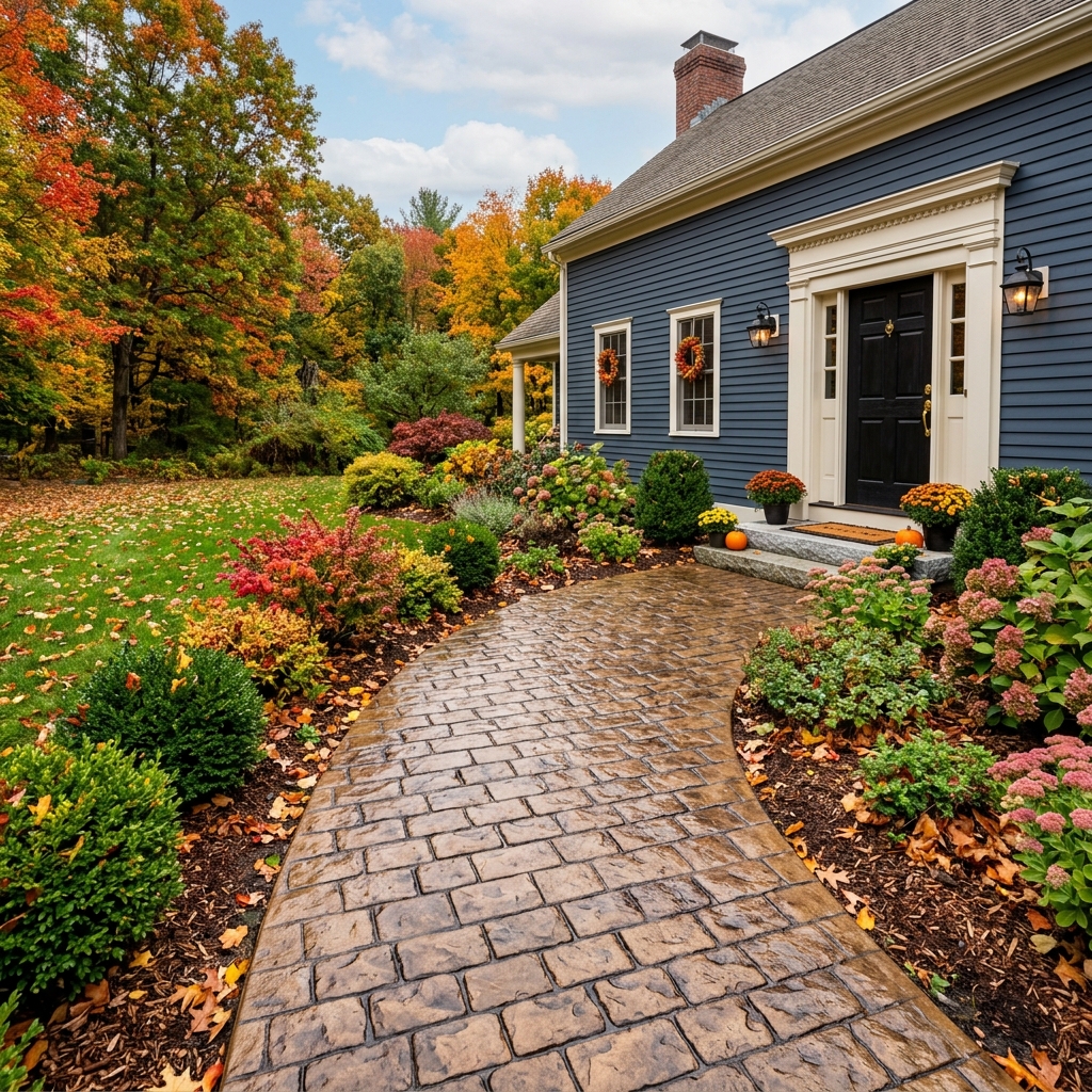 Freshly sealed stamped concrete walkway in Dunstable MA