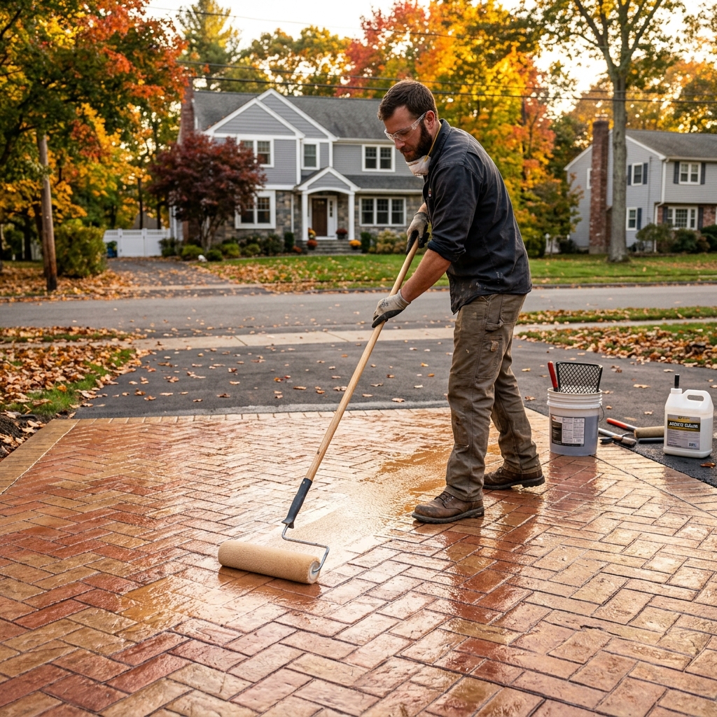 A Northeast Decorative Concrete professional carefully applying premium sealer to a residential stamped concrete driveway in Massachusetts