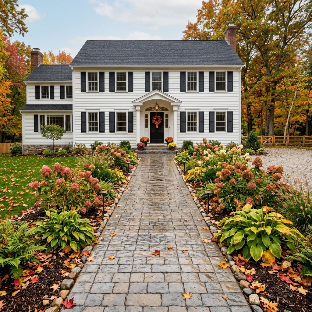 Cobblestone stamped concrete walkway freshly sealed